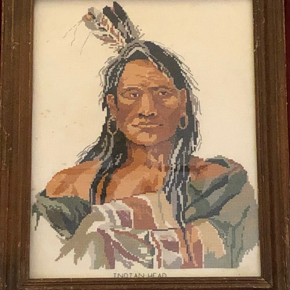 Vintage Framed Cross-Stitch Portrait of Native American Man